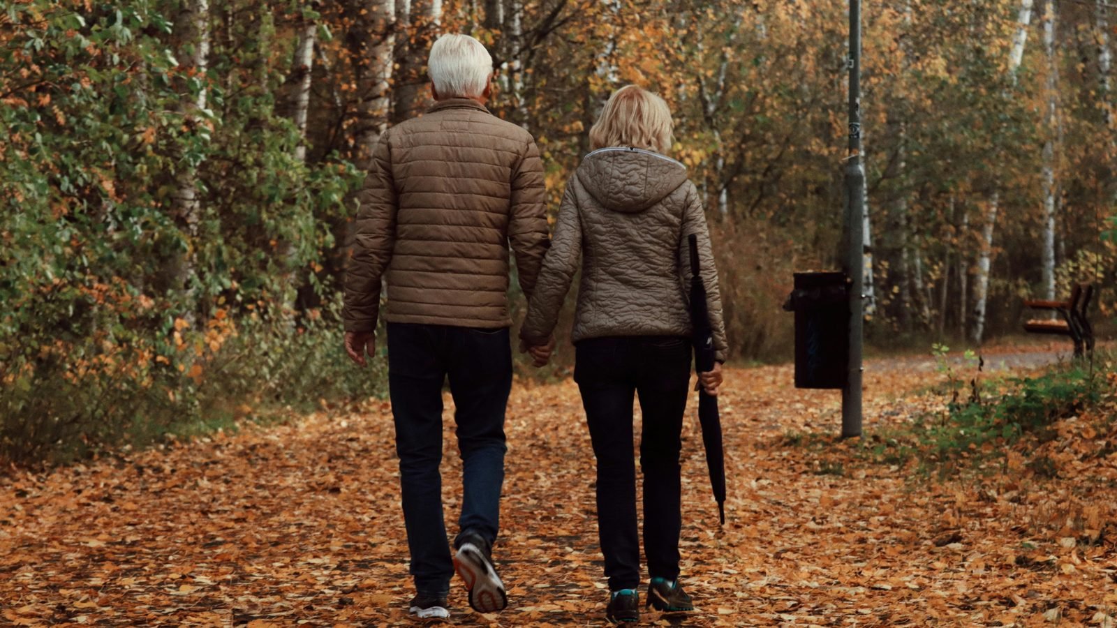 Couple se promenant main dans la main dans une allée d'automne